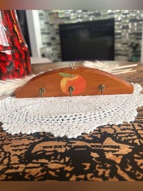 Vintage Wooden Apple Wall Hook Rack | 3 Hooks | Cottage Kitchen Decor